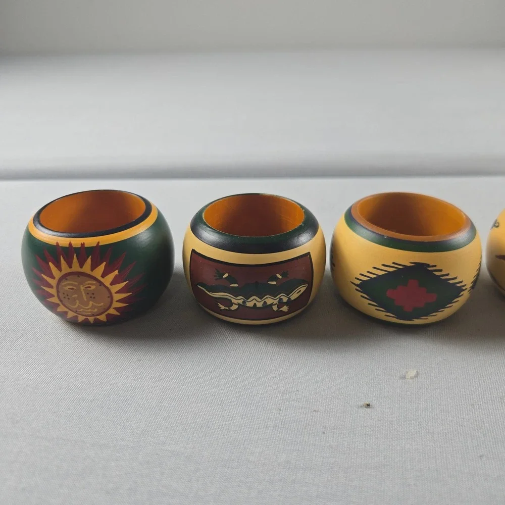 Vintage Hand Painted Wood Napkin Rings Set of 6 India Southwestern Folk Art